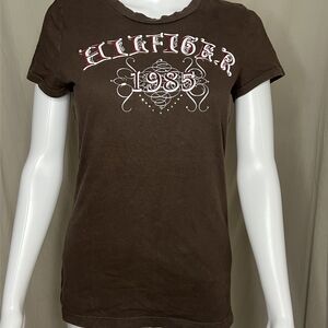 Vintage Tommy Hilfiger Dark Brown Tee with White and Red Accents